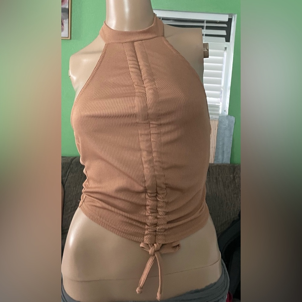 PrettyLittleThing Ribbed Tan Halter Top